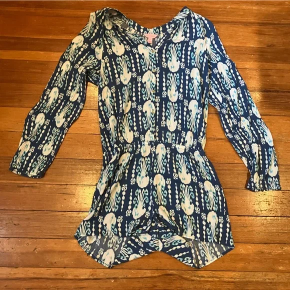 Lilly Pulitzer ELSA ROMPER Indigo Get in Line Blue White Gauze, Medium - Picture 6 of 11